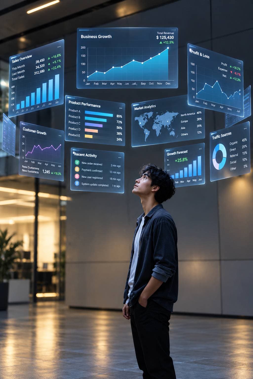 Man looking at glowing data dashboards