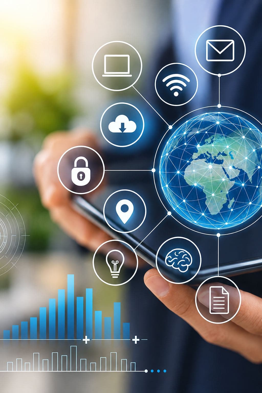 Hand holding connected globe network