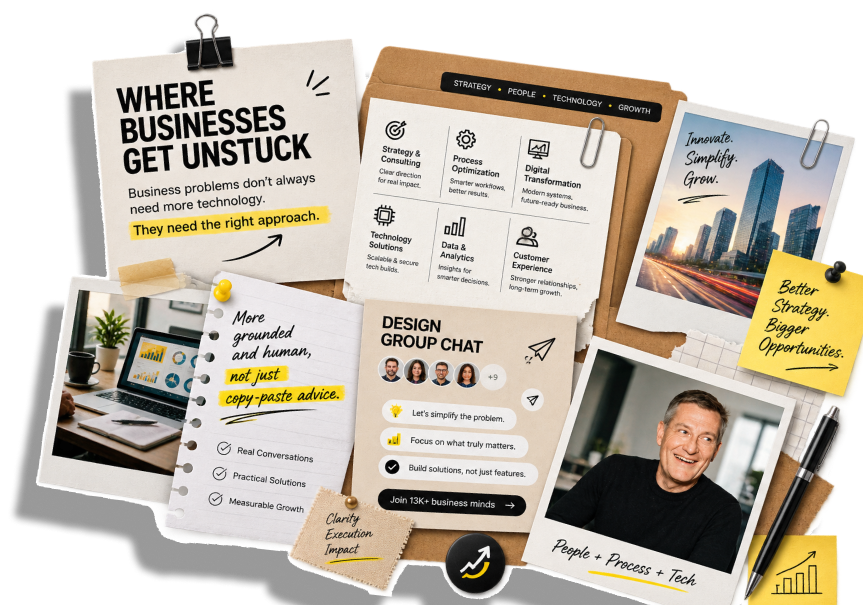 Collage of sticky notes, photos, and UI snippets illustrating strategy, people, technology, and growth for the Where Businesses Get Unstuck section
