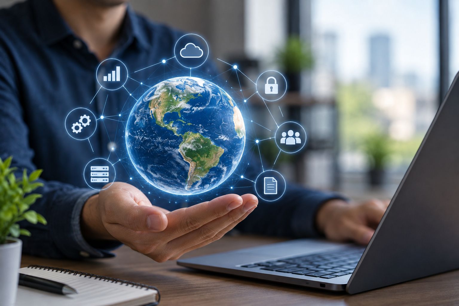 Blockchain and Web3 network visualization held above a laptop