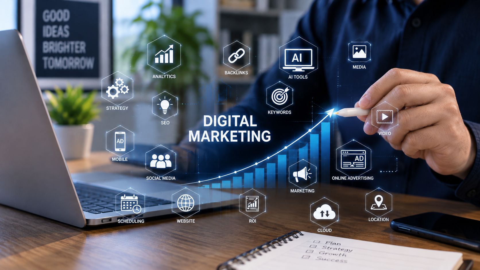 Digital marketing and SEO icons surrounding a tablet display