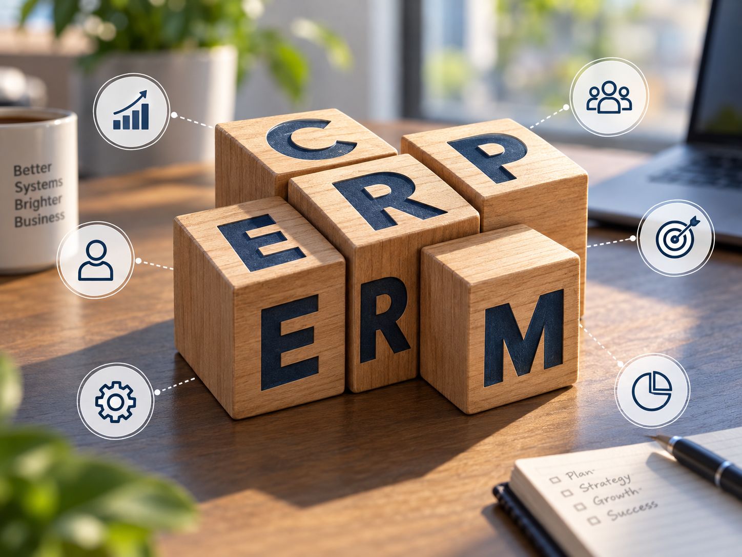 ERP and CRM systems represented as connected three-dimensional building blocks