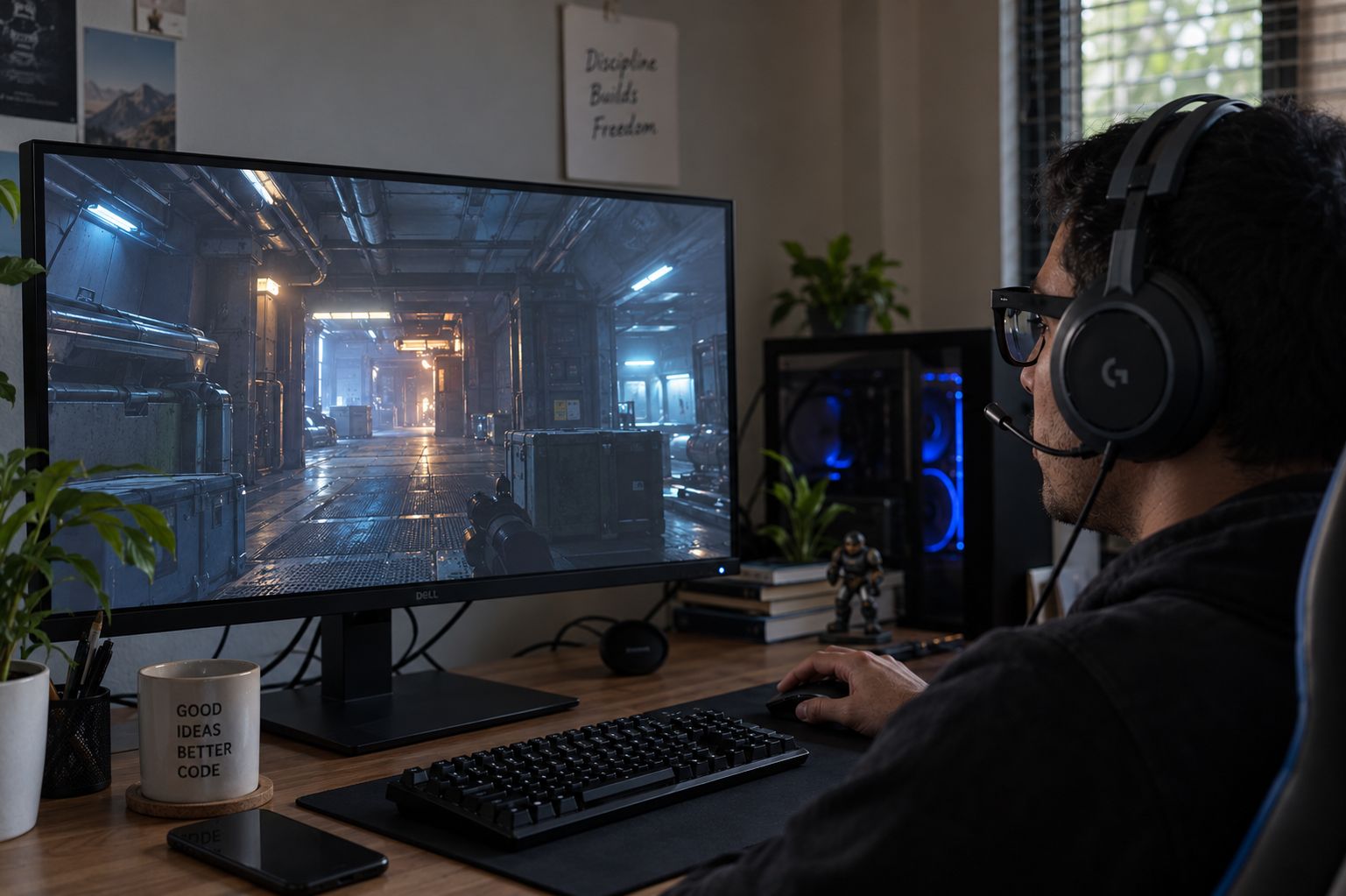 Game development setup with dual monitors and a gaming headset