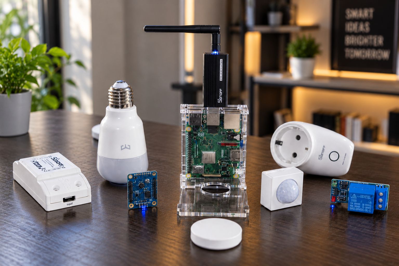 IoT and embedded devices including smart sensors and connected hardware on a desk