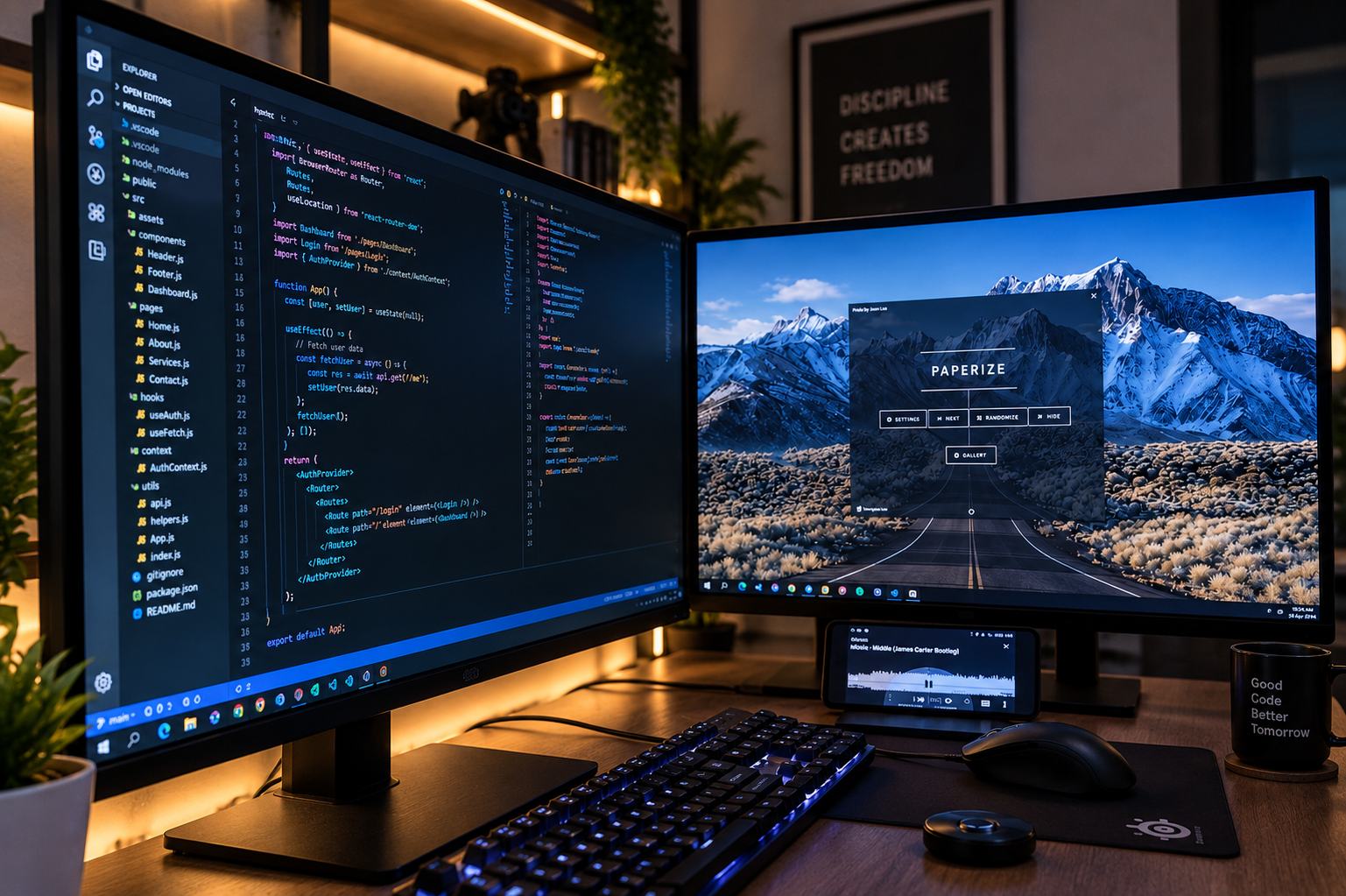 Web application development workstation with multiple monitors displaying code and dashboards